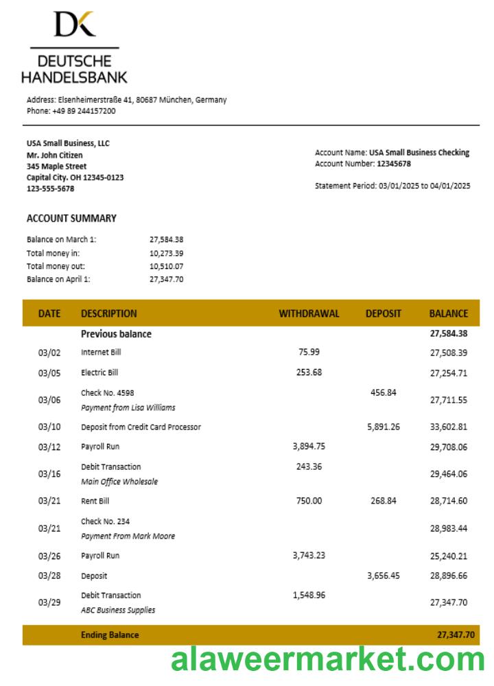 Deutsche Handelsbank firm account statement Word  and PDF format